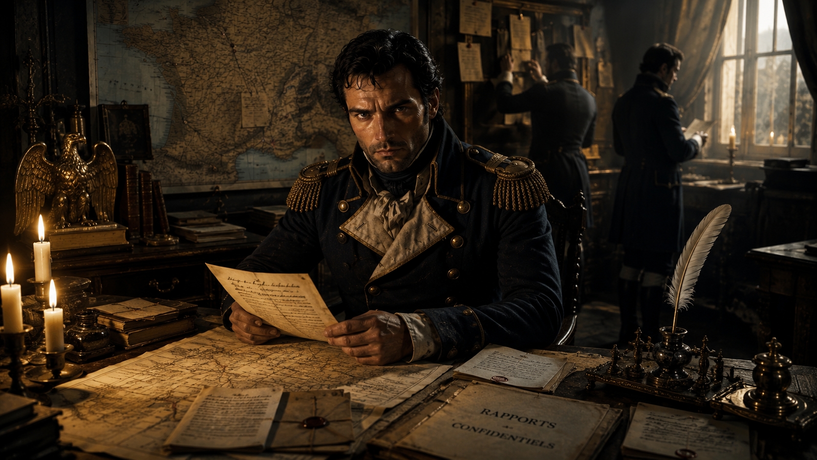 Armand de Kermorvan consultant des rapports confidentiels dans un bureau de renseignement sous le Premier Empire.